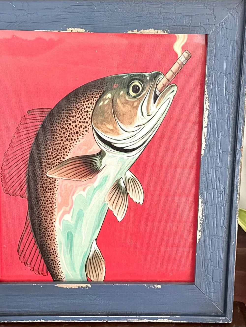 Trout Fish Smoking a Cigarette Cigar Vintage Style Canvas Wall Art Print Framed